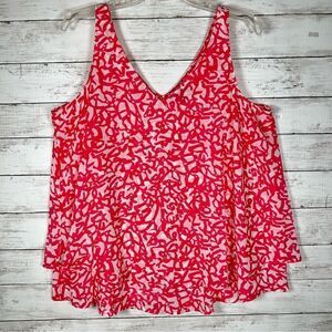 Lane Bryant V- Neck Flare Swing Double Layer White Pink Polyester Tank Top 14 1x